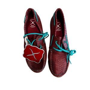 Twisted X Womens Croc-Embossed Driving Moc Shoes Sz 8.5 NWT Burgundy & Turquoise